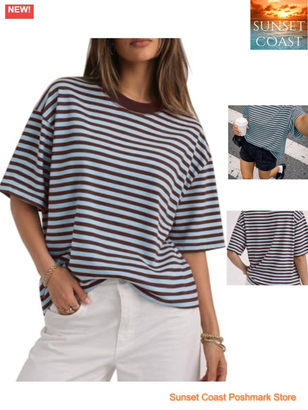 Women Oversized Striped Short Sleeve Crewneck T-Shirt Casual Summer
